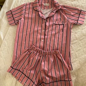 YesStyle Pajamas, Small, Cute Satin button up top with shorts Set.